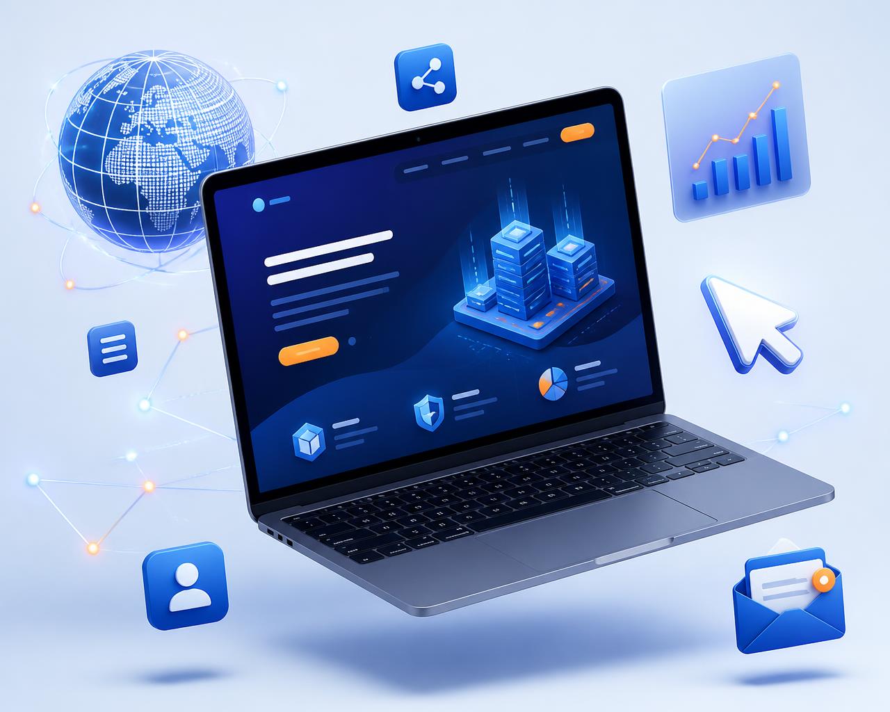 Notebook exibindo uma Landing Page com elementos de internet e marketing digital