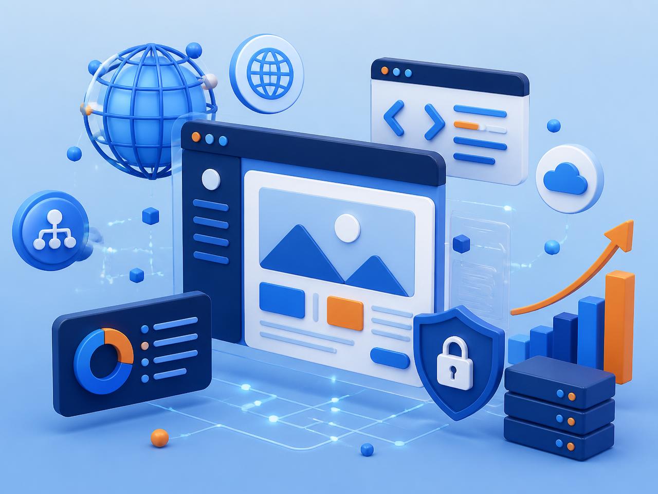 Ilustração de desenvolvimento web, domínio, SSL e marketing digital